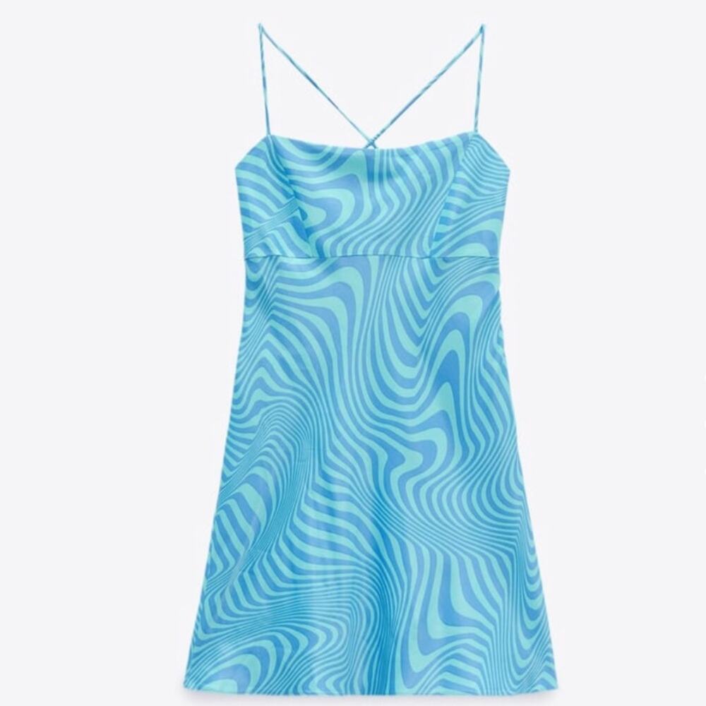 Zara Satin Effect Blue Swirl Mini Dress Size Large NWT